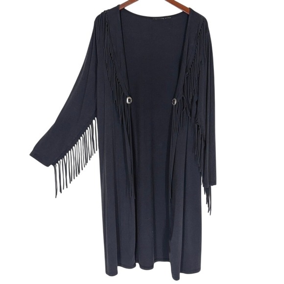 Unbranded Sweaters - Women's Cardigan M Black Fringe Silver Concho Boho Longline Cowgirl Western Chic